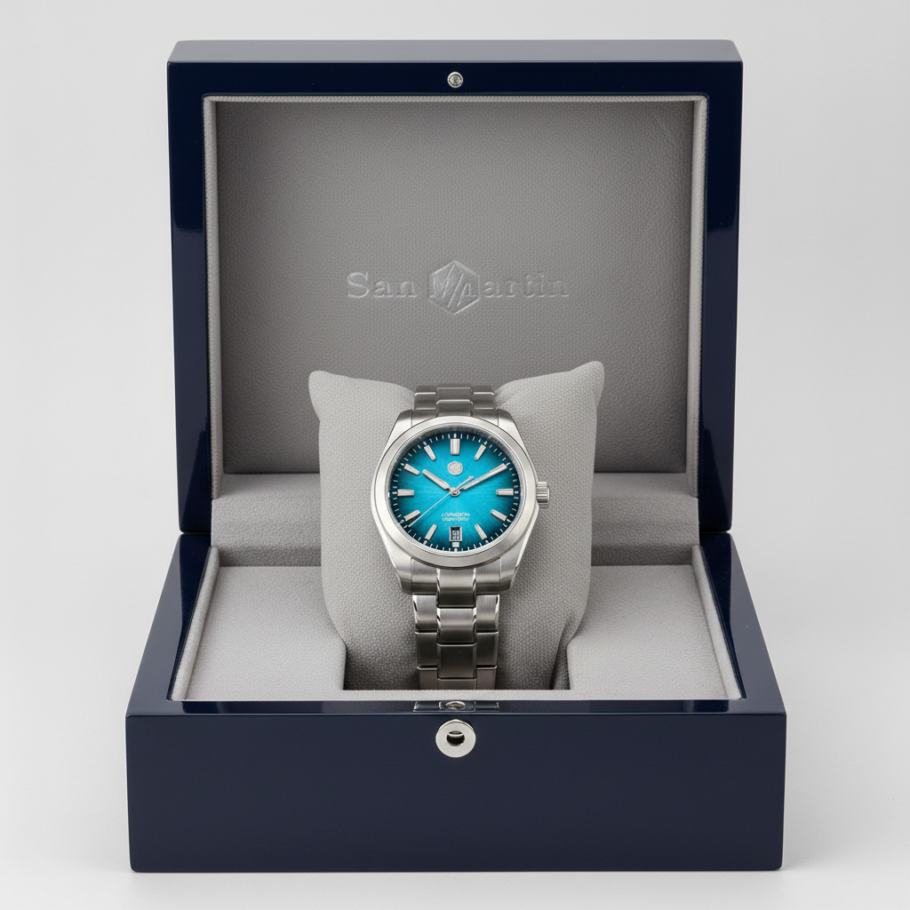 Watch with blue face and silver case in an open box with 'San Martin' branding.
