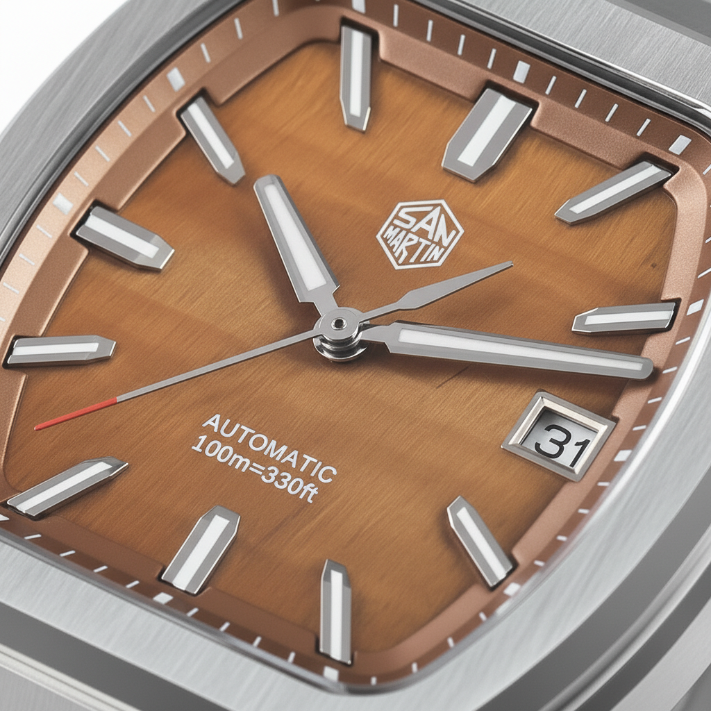 San Martin SN0145 automatic sapphire watch brown dial with applied indices date window and luminous hands