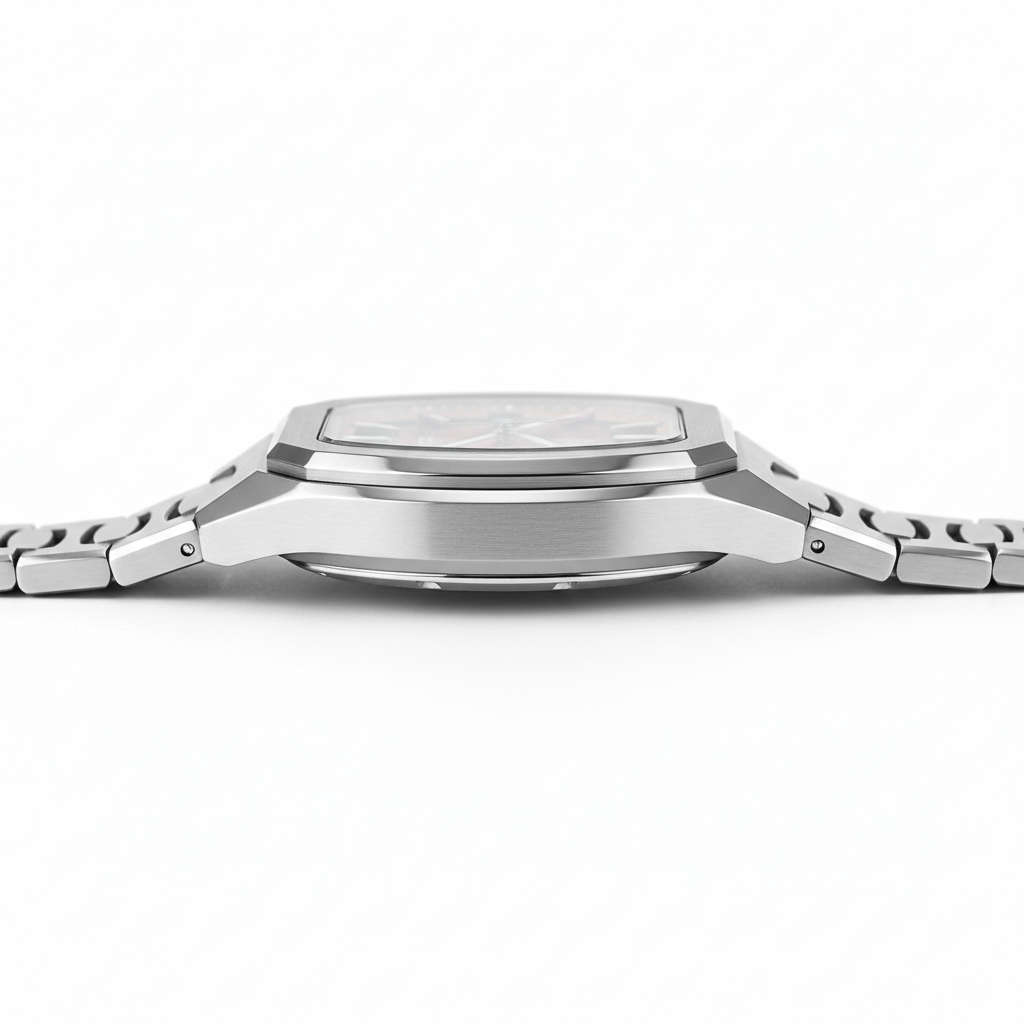 San Martin SN0145 automatic sapphire watch side profile showing slim stainless steel case thickness