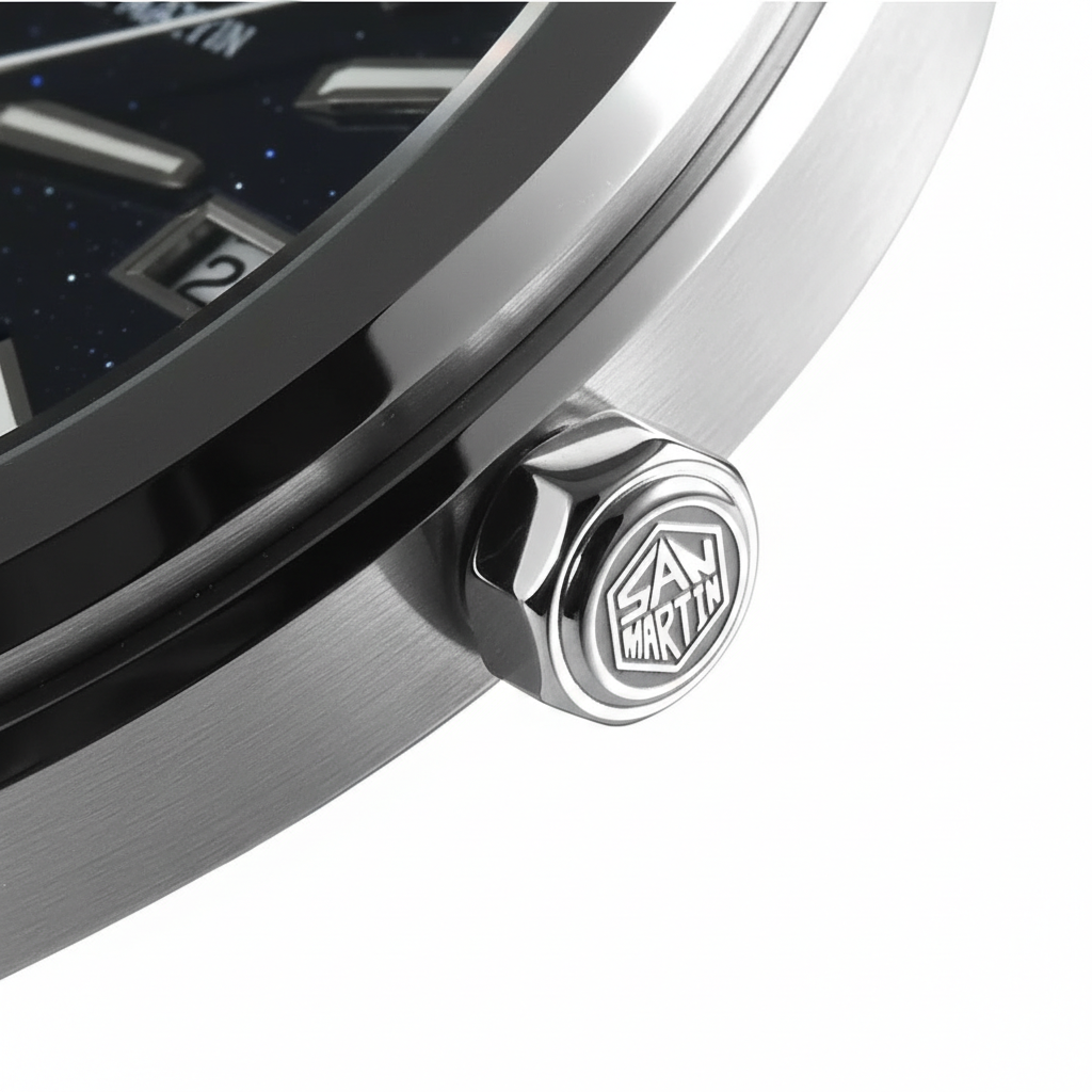San Martin SN0145 automatic watch crown detail showing engraved logo and brushed stainless steel case
