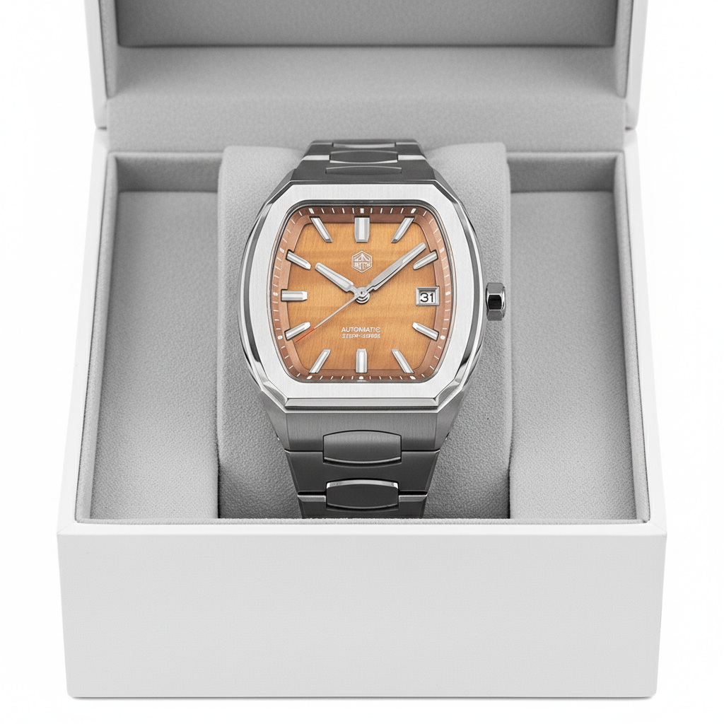San Martin SN0145 automatic sapphire watch presented in official luxury box front view