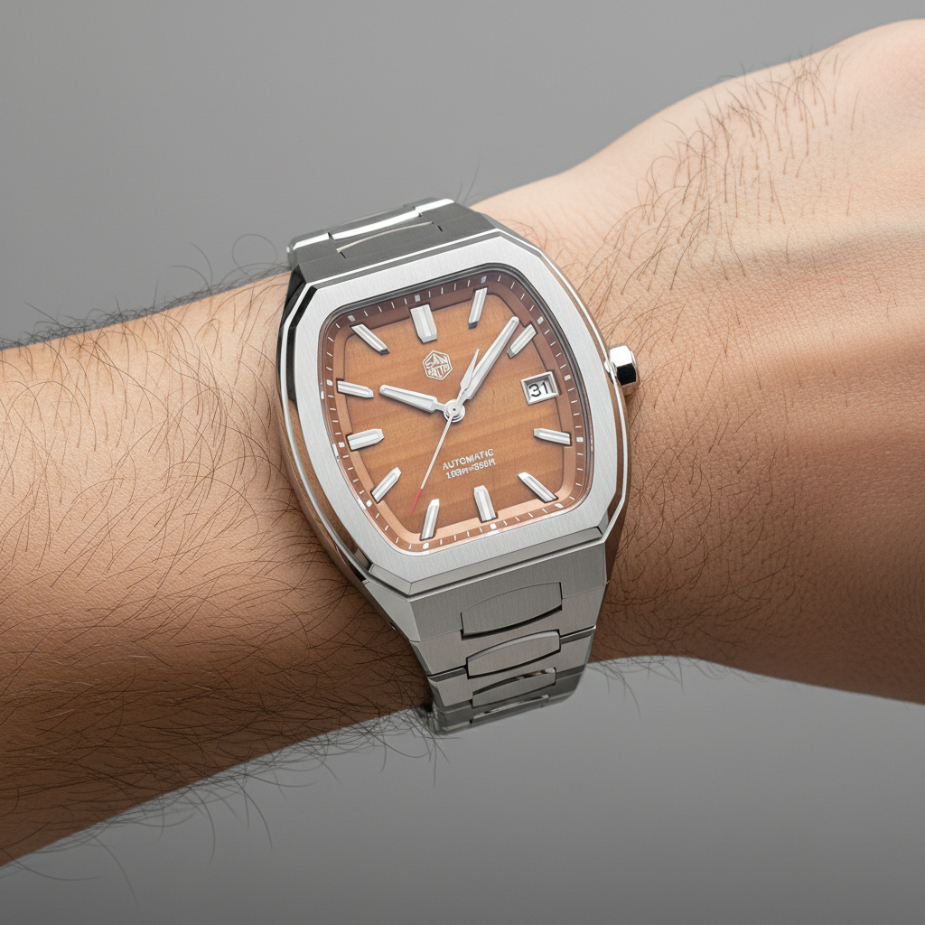 San Martin SN0145 automatic sapphire watch worn on wrist stainless steel bracelet brown dial