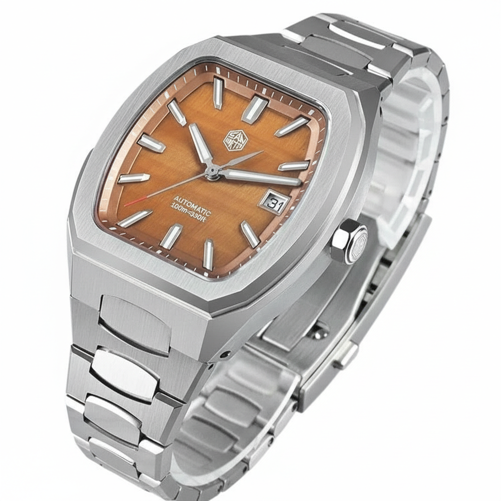 San Martin SN0145 automatic watch stainless steel bracelet and brown dial three quarter angle view