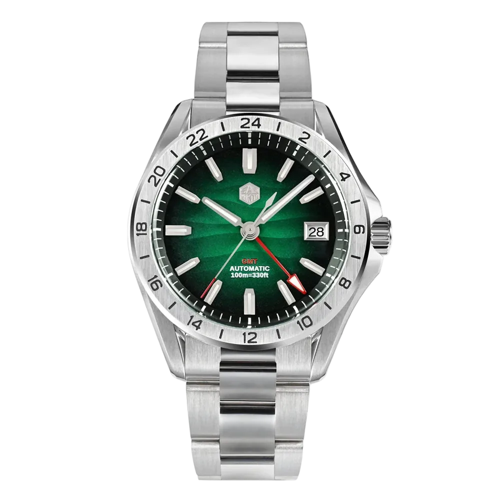 San Martin Desert GMT men’s watch with gradient green dial, stainless steel case, luminous hands, automatic GMT 100M