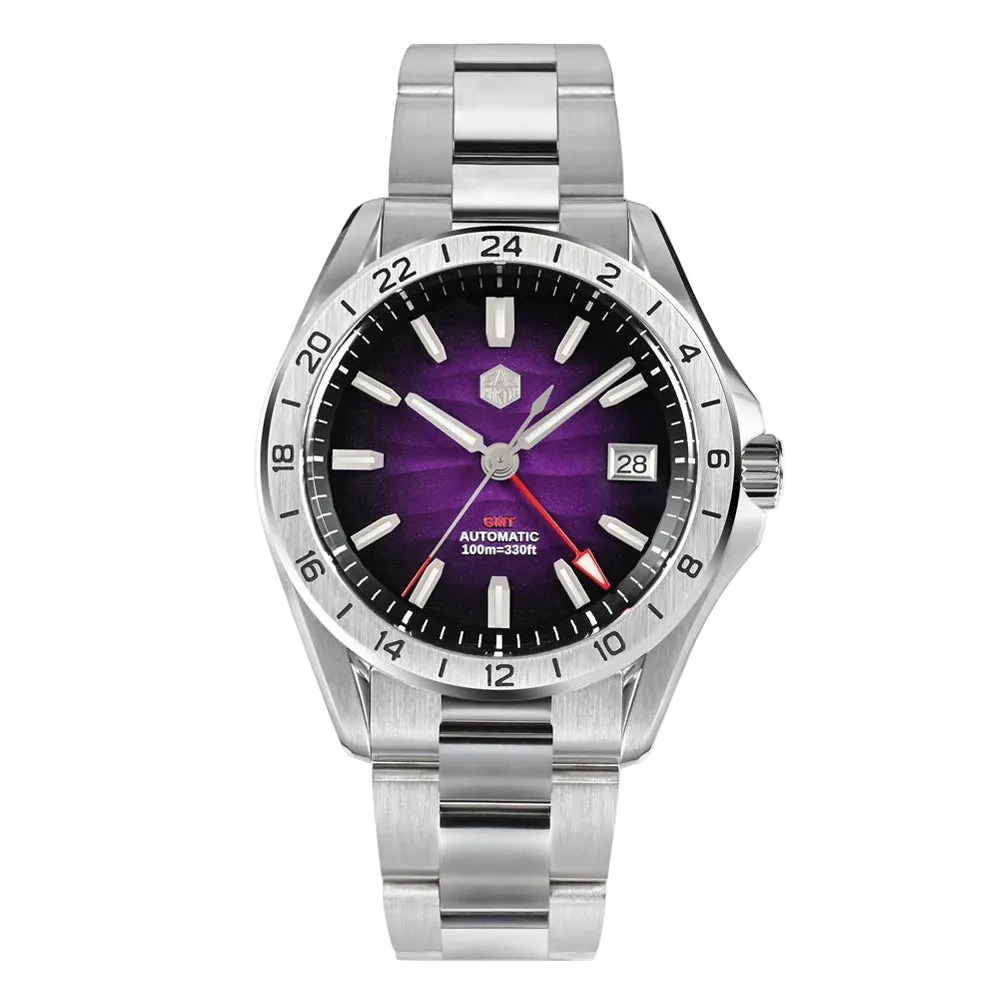 San Martin Desert GMT watch with gradient purple dial, NH34 automatic movement, sapphire crystal, 100M water resistant