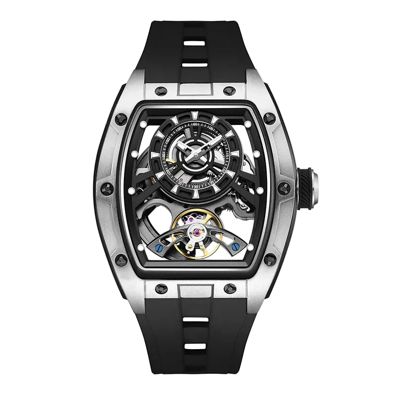 BREITVACHER 91986 - Autom - front view, skeleton dial, black strap, silver case