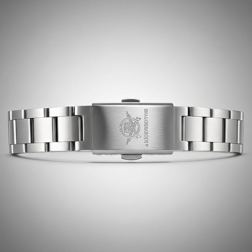 Silver watch band with brand logo on a gray background