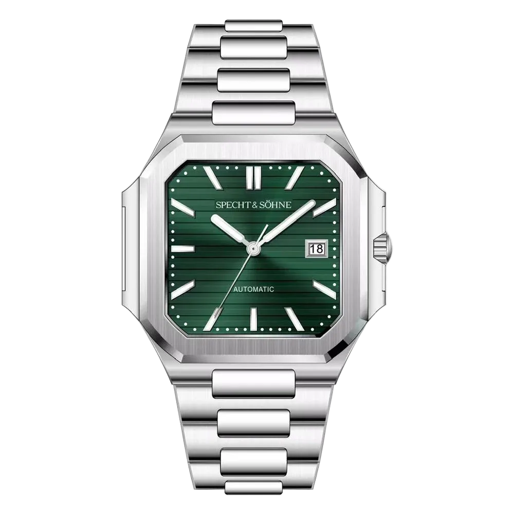 Silver watch with green dial on a white background