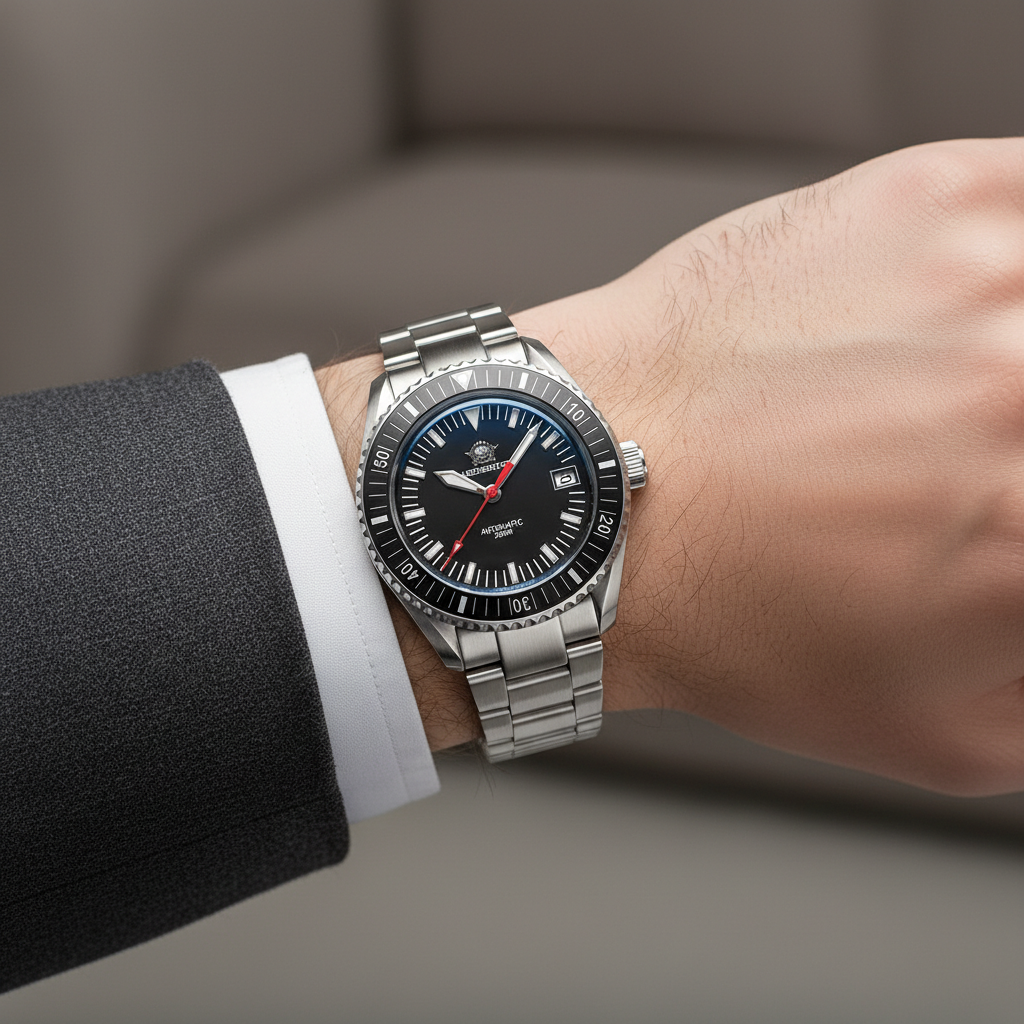 Silver watch with a black face on a person's wrist, wearing a suit sleeve.