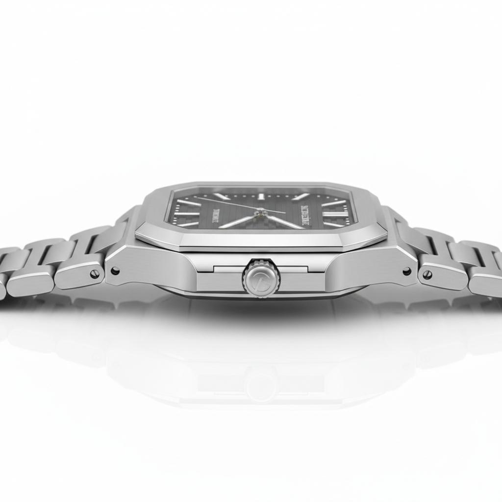 Silver watch with a black face on a white background