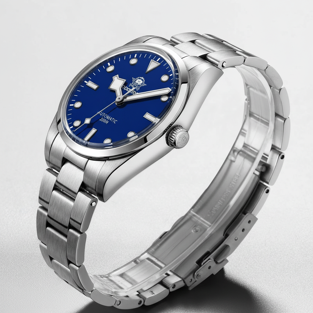Silver watch with a blue dial on a light gray background