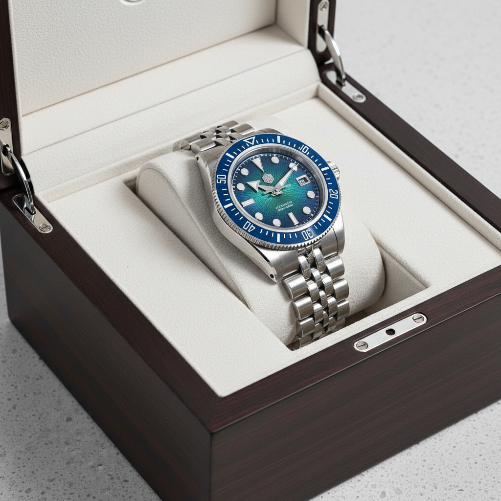 Silver watch with a blue face in an open wooden box on a light gray surface