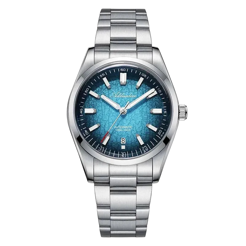 Silver watch with a blue face on a white background