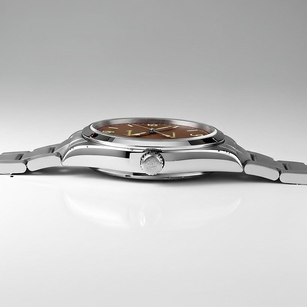 Silver watch with a brown dial on a light gray background