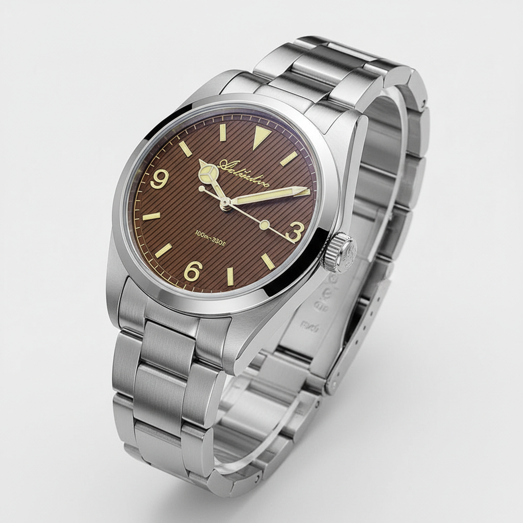 Silver watch with a brown dial on a light gray background