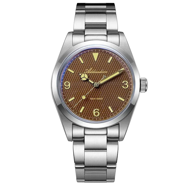 Silver watch with a brown dial on a white background