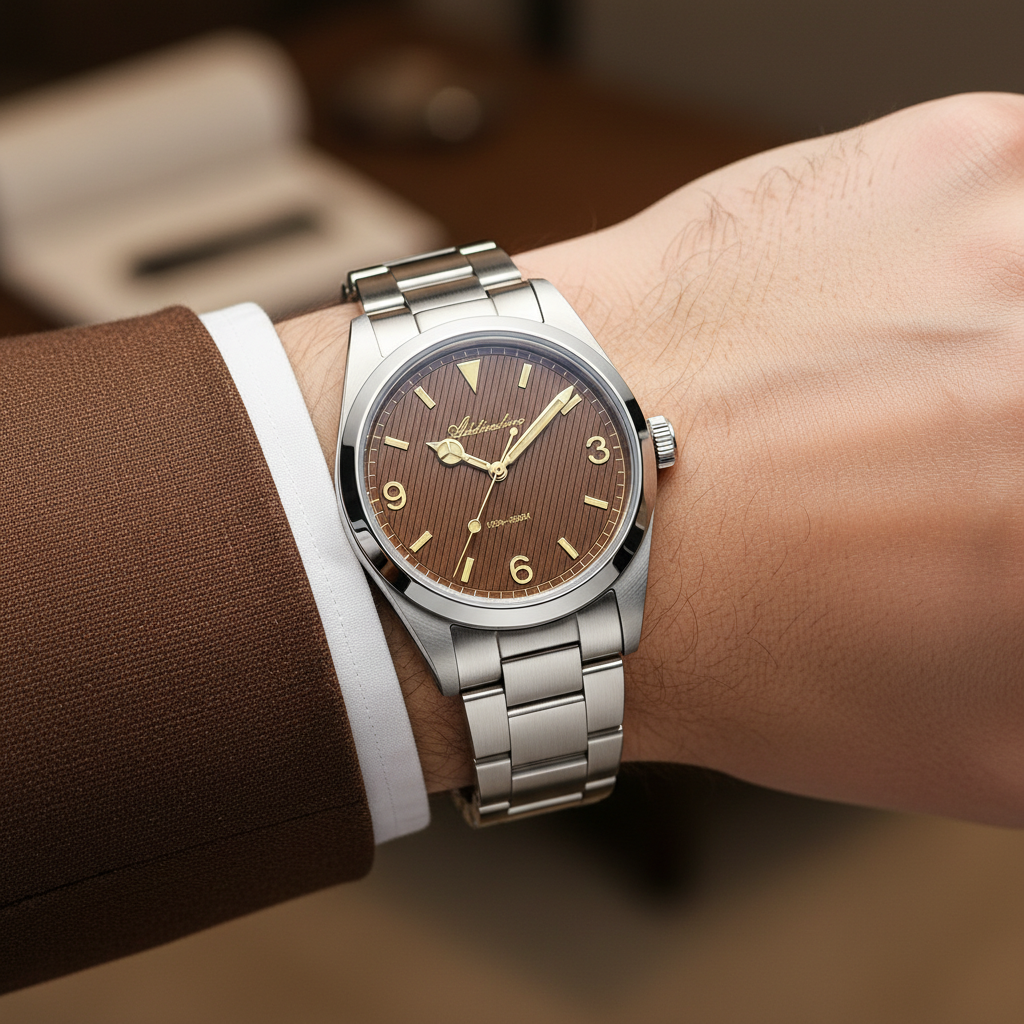 Silver watch with a brown dial on a wrist, blurred background