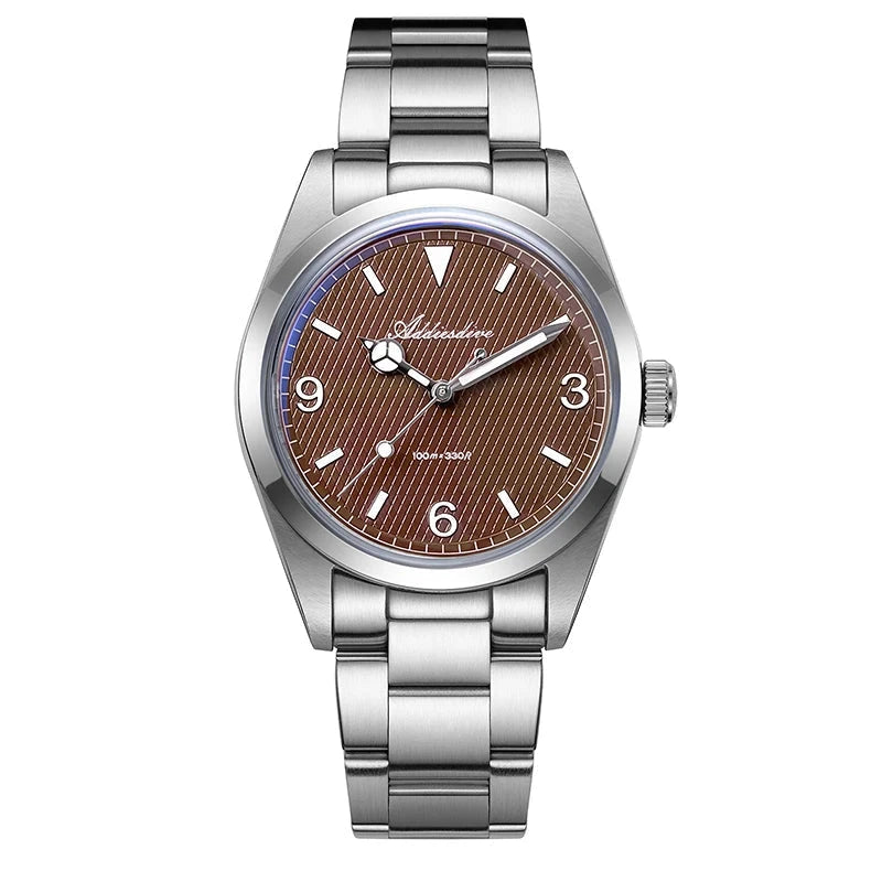 Silver watch with a brown dial on a white background