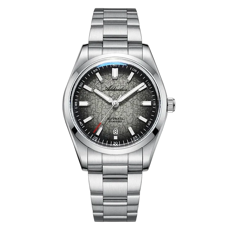 Silver watch with a dark face on a white background