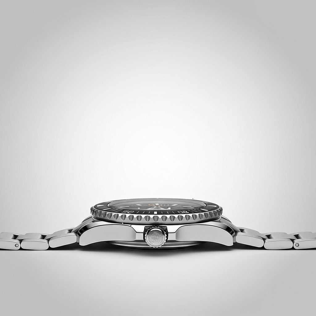 Silver watch with a detailed case on a light gray background