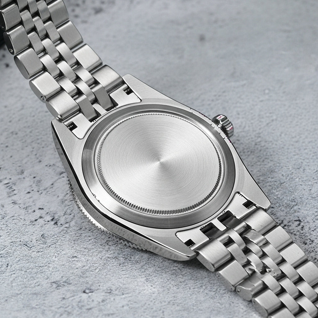 Silver watch with a metal bracelet on a gray surface