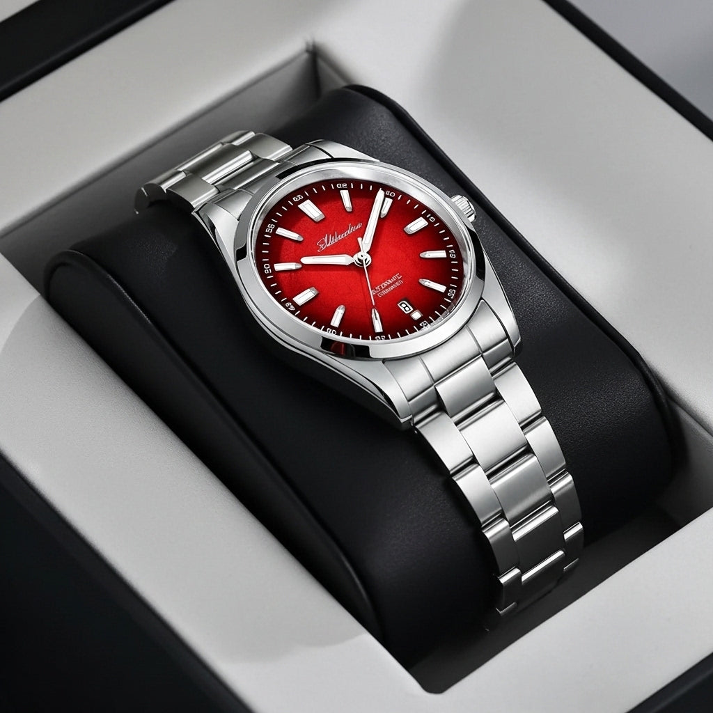 Silver watch with a red face in a box