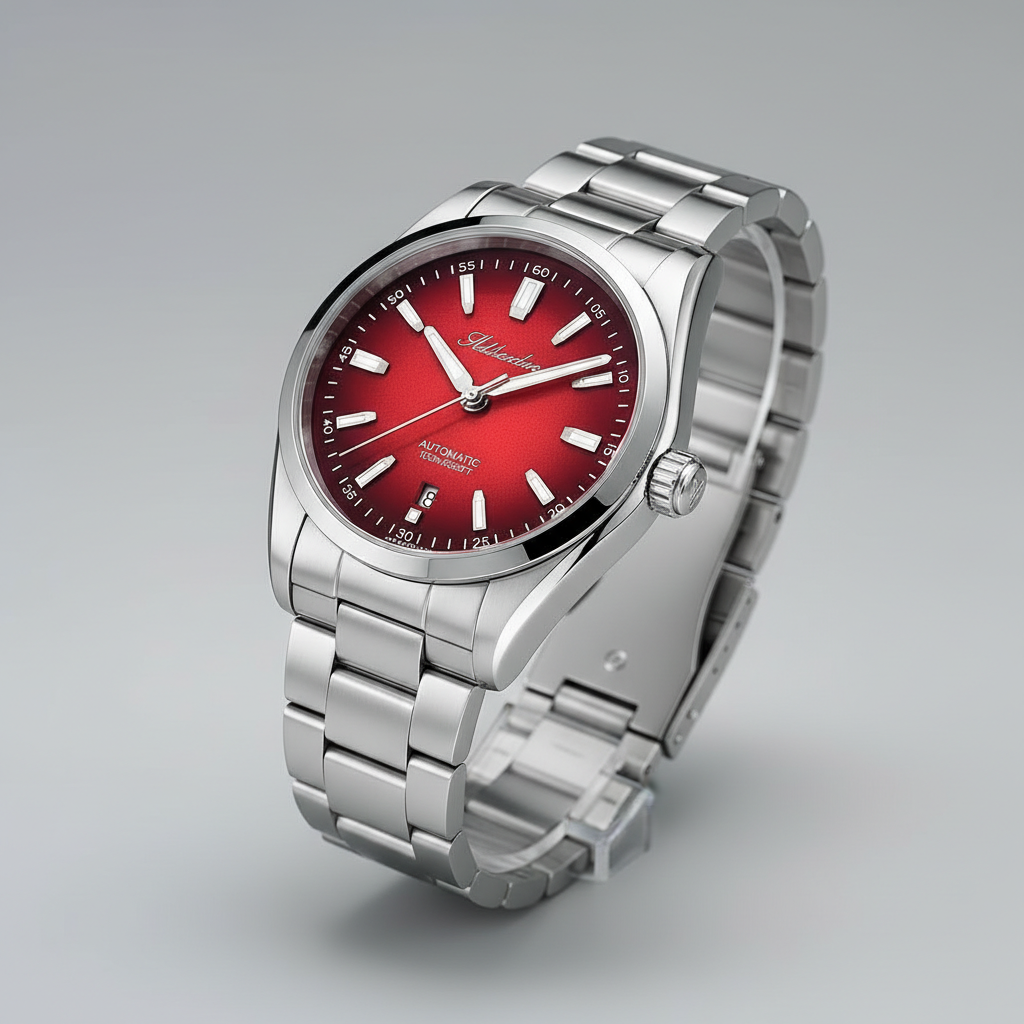 Silver watch with a red face on a gray background