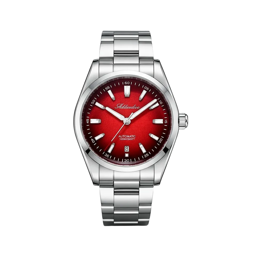 Silver watch with a red face on a white background