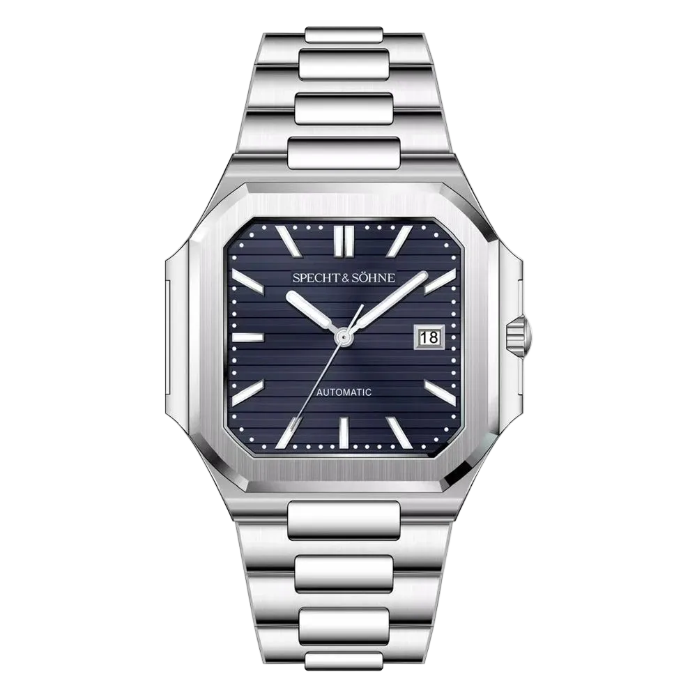 Silver watch with blue dial on a white background
