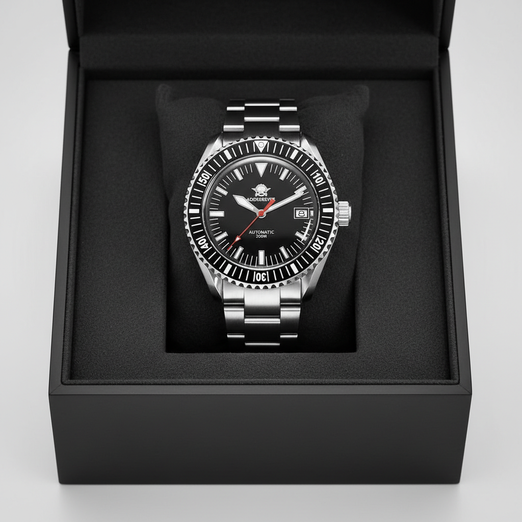 Silver watch with black dial in a black box on a light gray background