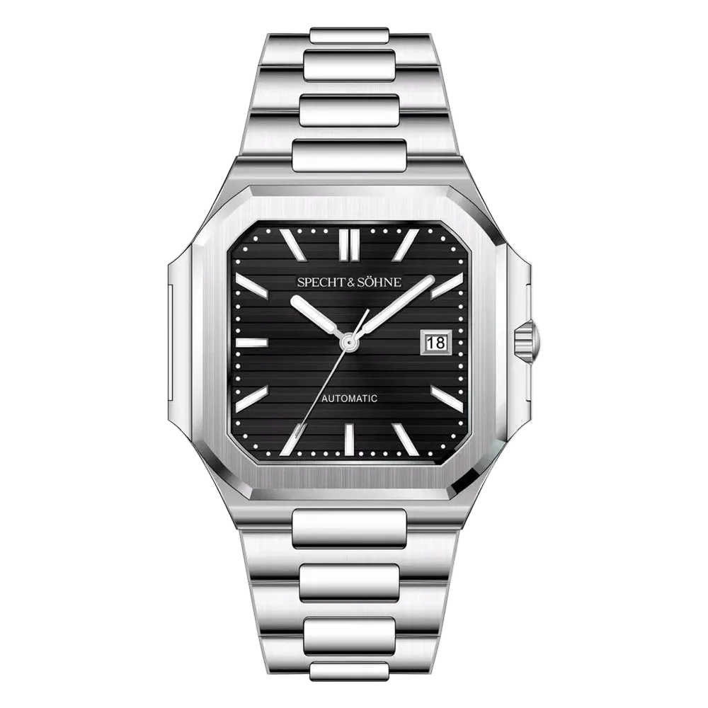 Silver watch with black dial on a white background
