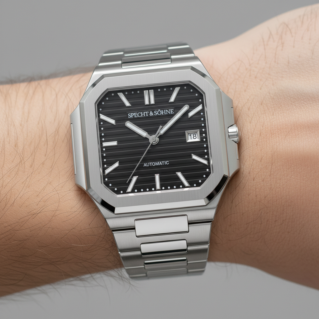 Silver watch with black dial on a wrist against a neutral background