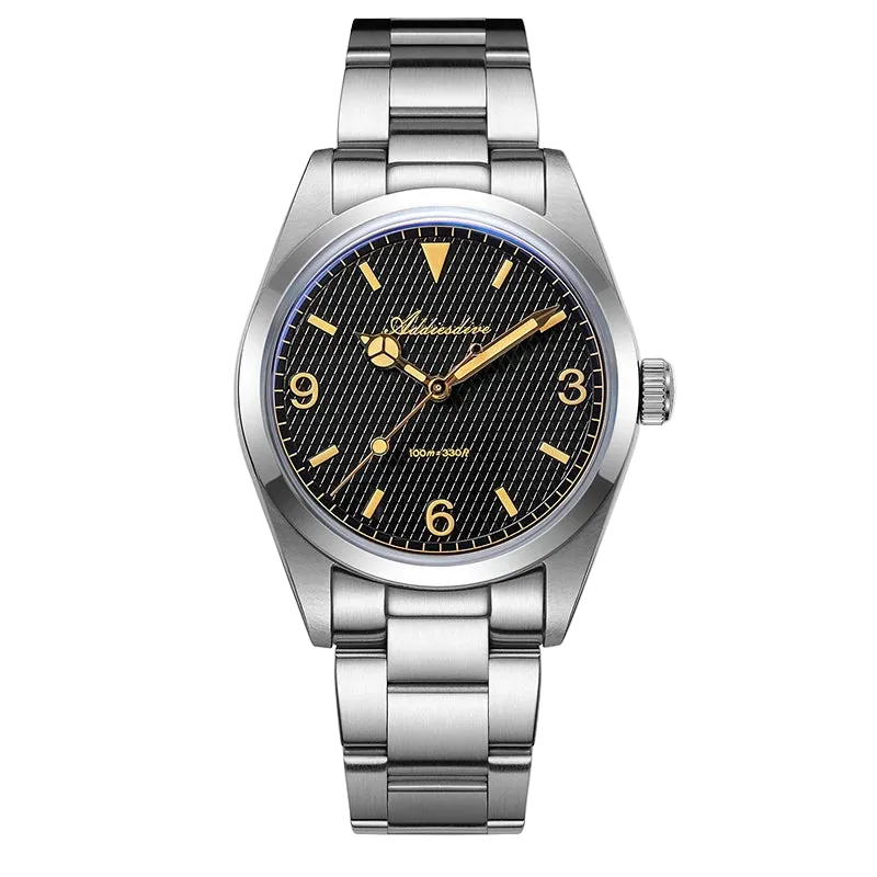 Silver watch with black face and gold accents on a white background