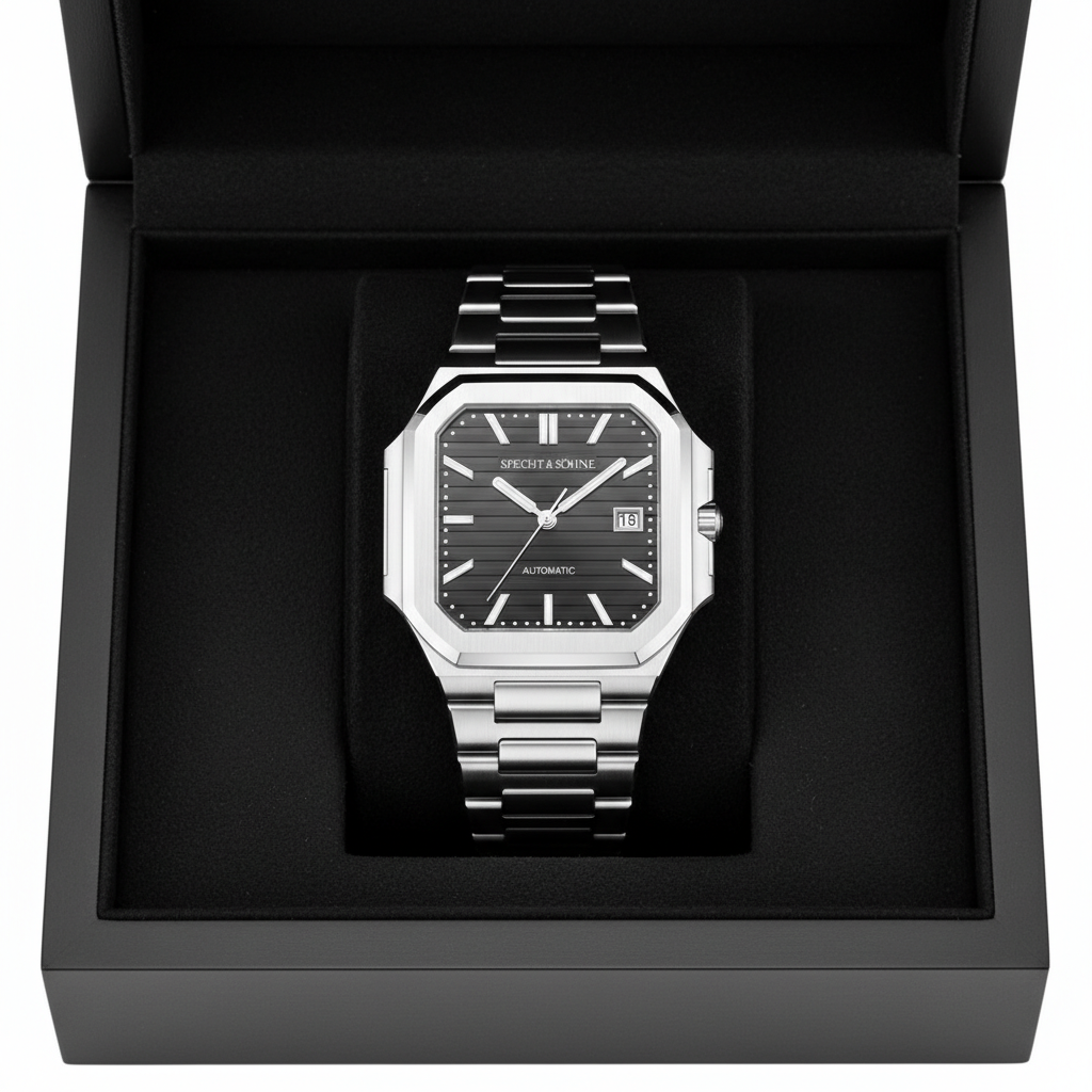 Silver watch with black face in a black box