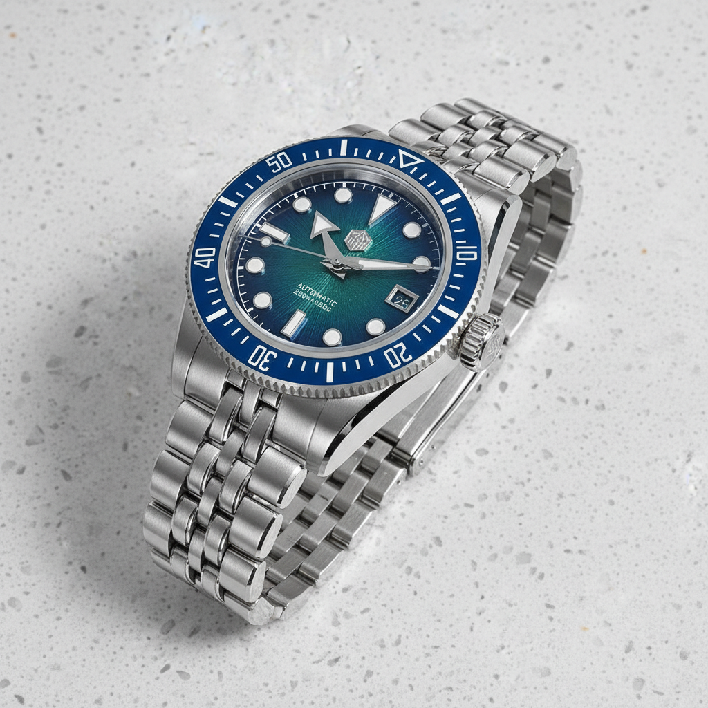 Silver watch with blue bezel and green face on a light gray background