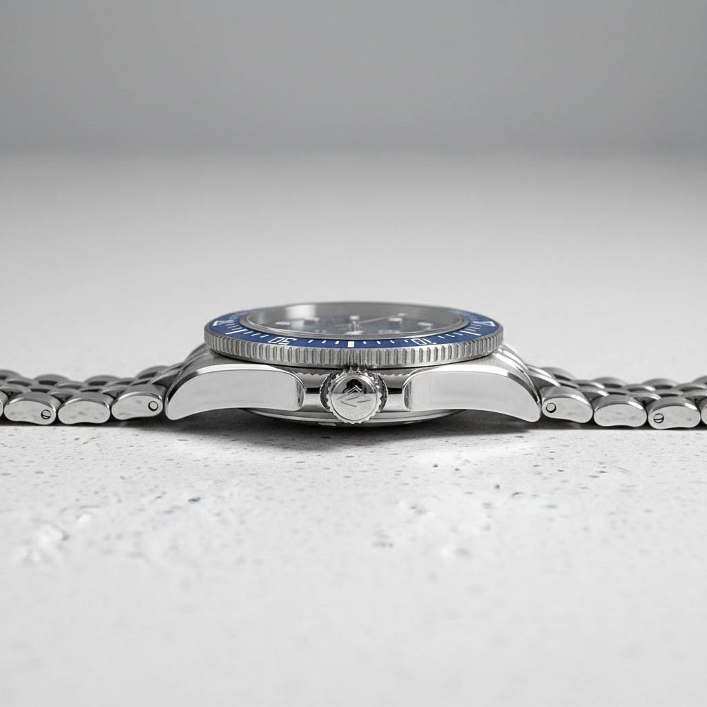 Silver watch with blue bezel on a light gray background