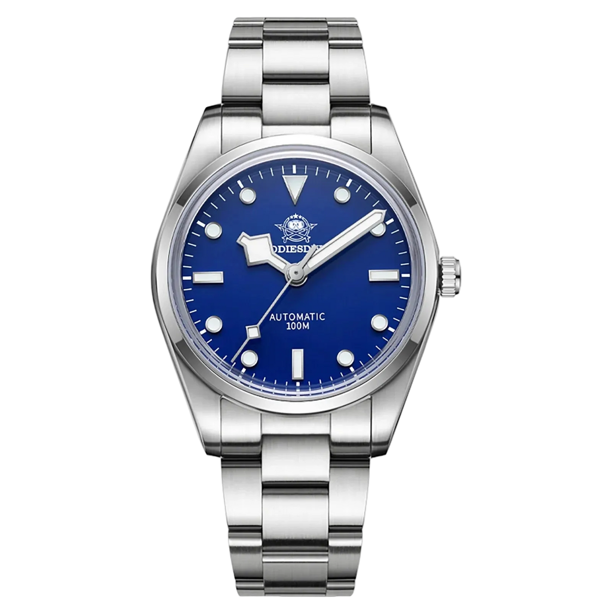 Silver watch with blue dial on a white background