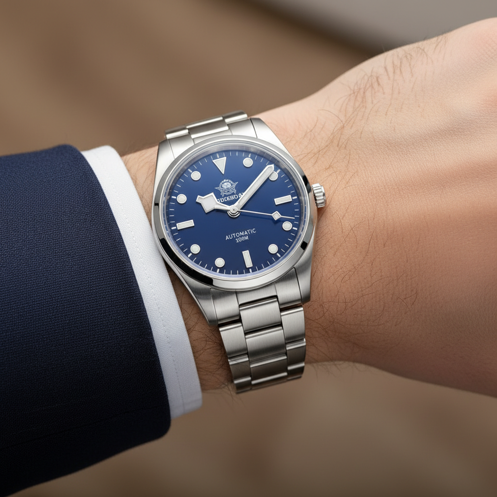 Silver watch with blue dial on a wrist, worn with a suit sleeve.