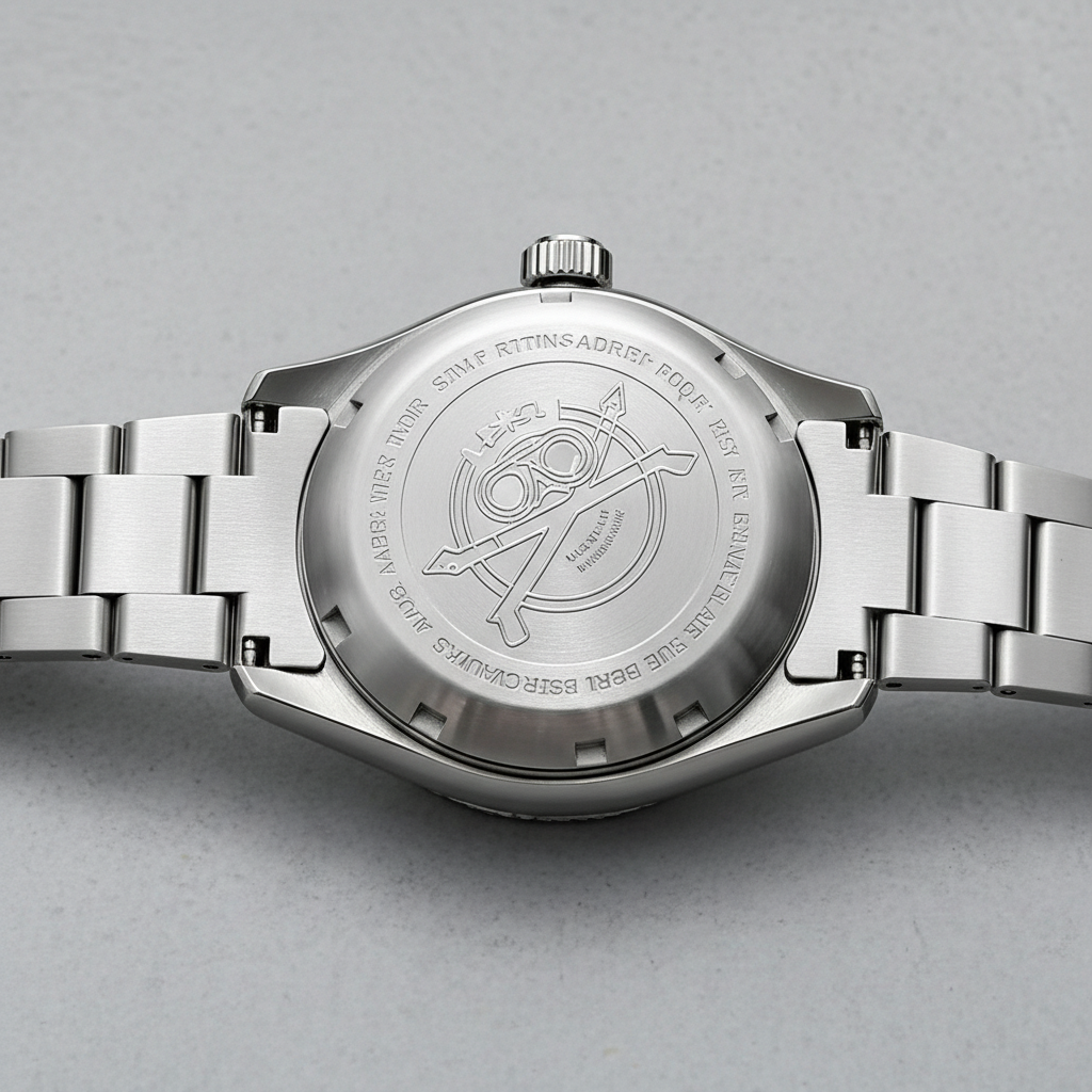 Silver watch with engraved design on a gray background