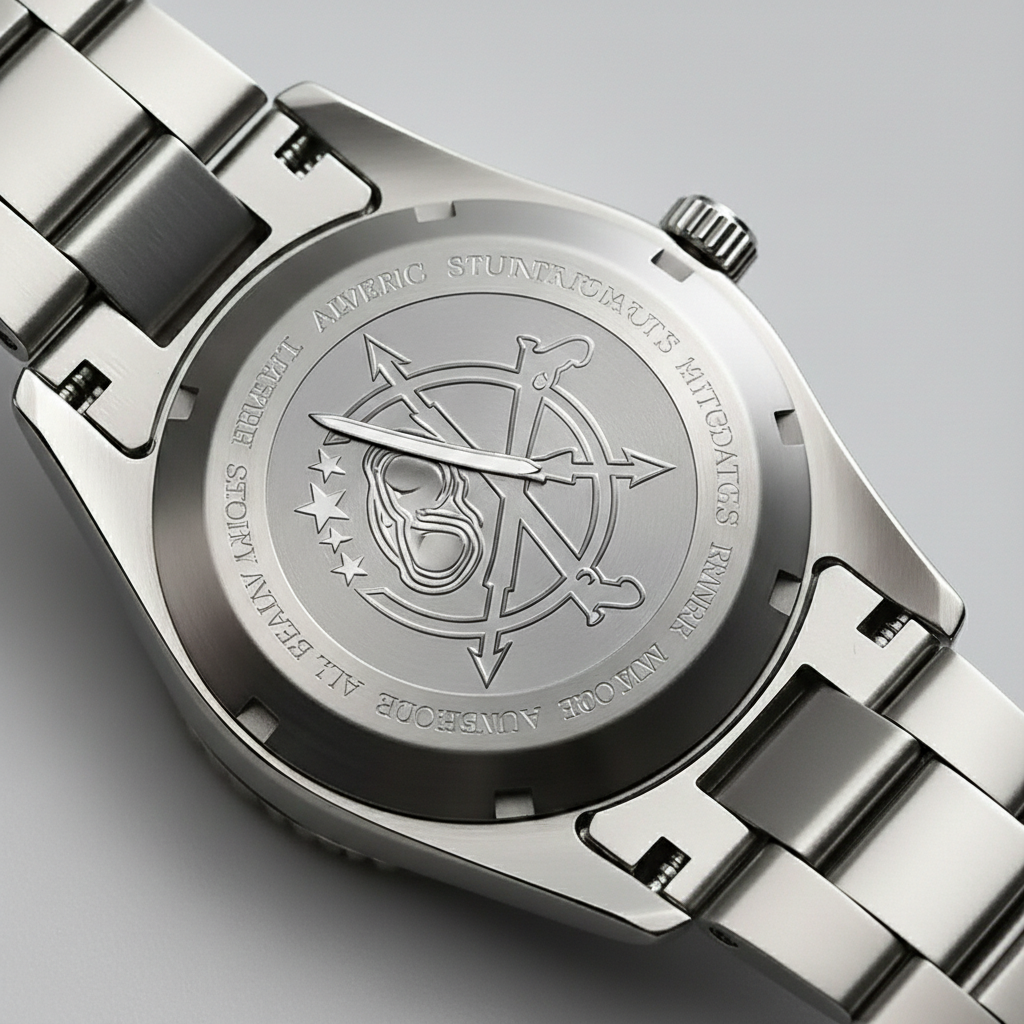 Silver watch with engraved design on a gray background
