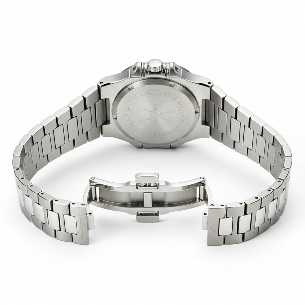Silver watch with metal bracelet on a white background