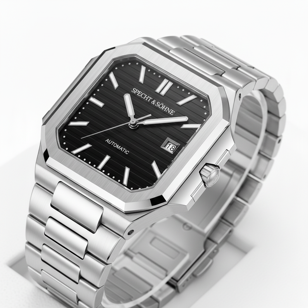 Silver wristwatch with a black dial on a white background