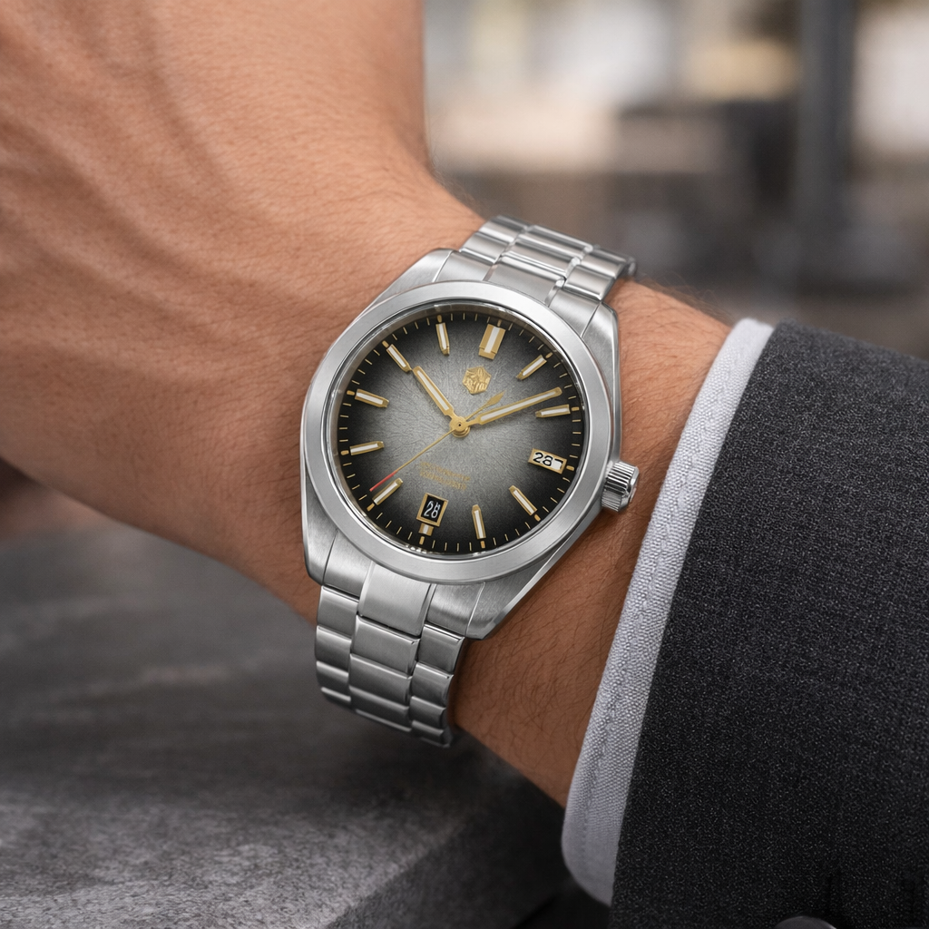 Silver wristwatch with a dark face on a person's wrist, blurred background