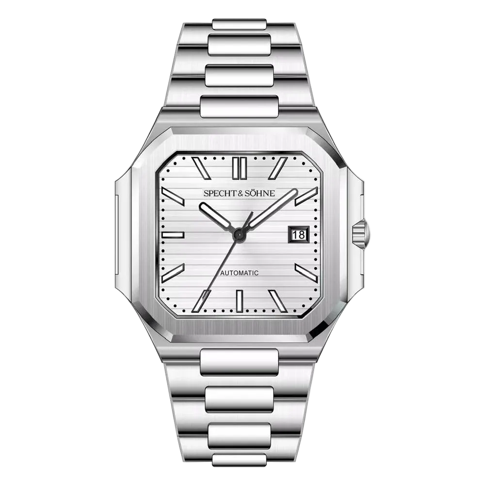 Silver wristwatch with a white face on a white background