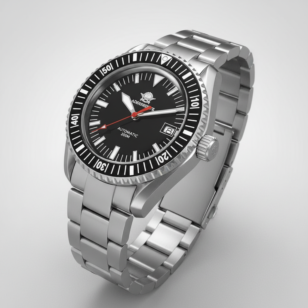 Silver wristwatch with black dial on a light gray background