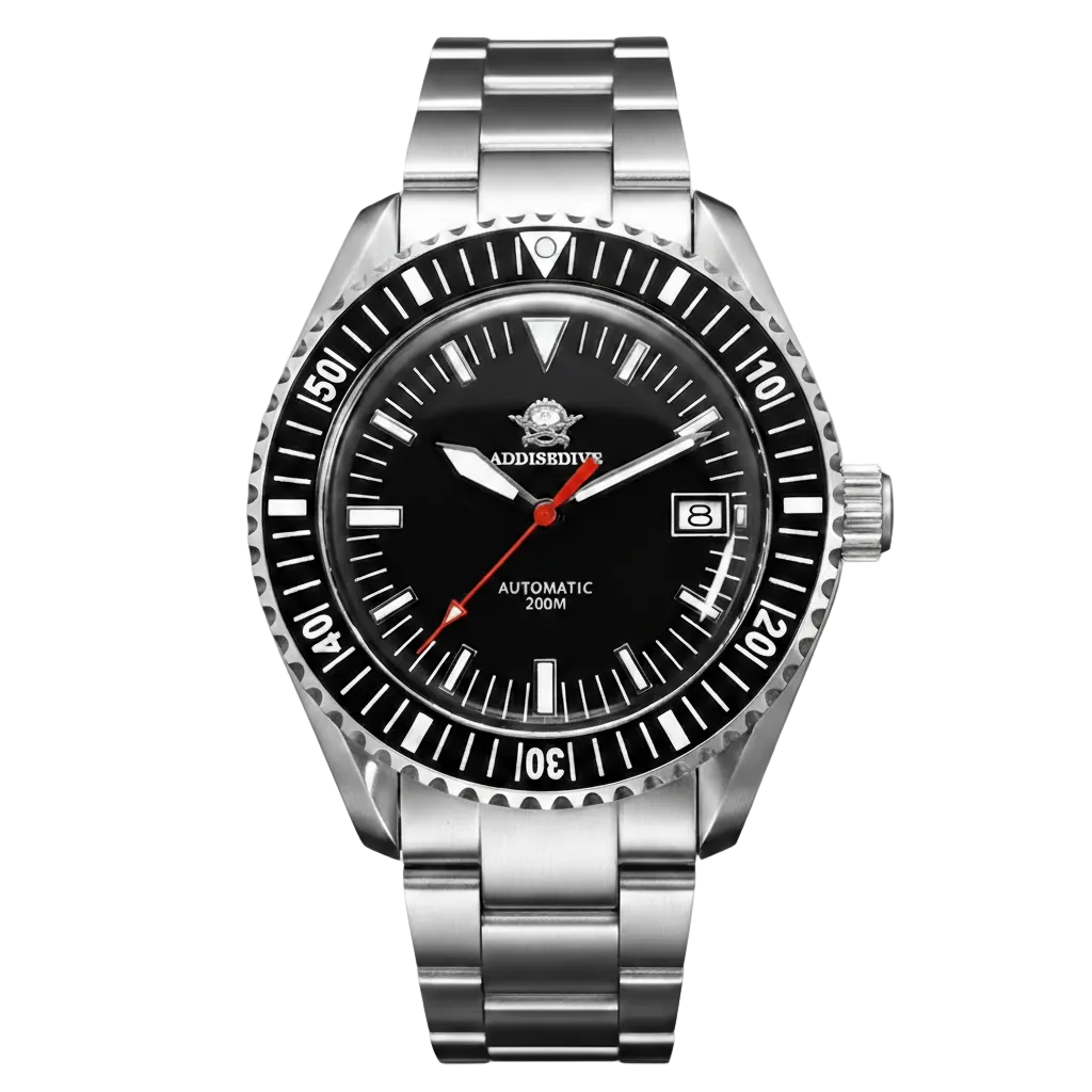 Silver wristwatch with black dial on a light gray background