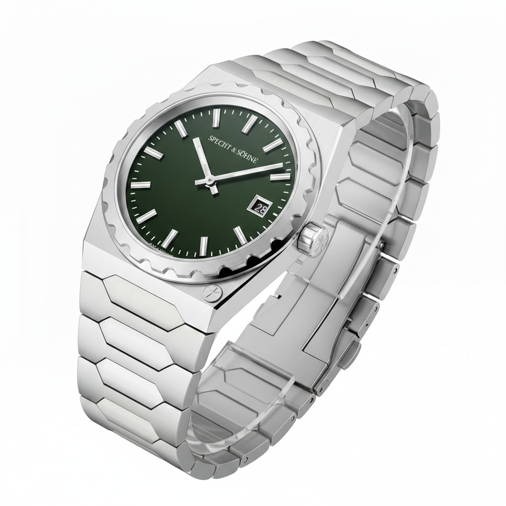 Specht & Söhne VC222 - Qu - Angled view, green dial, integrated bracelet