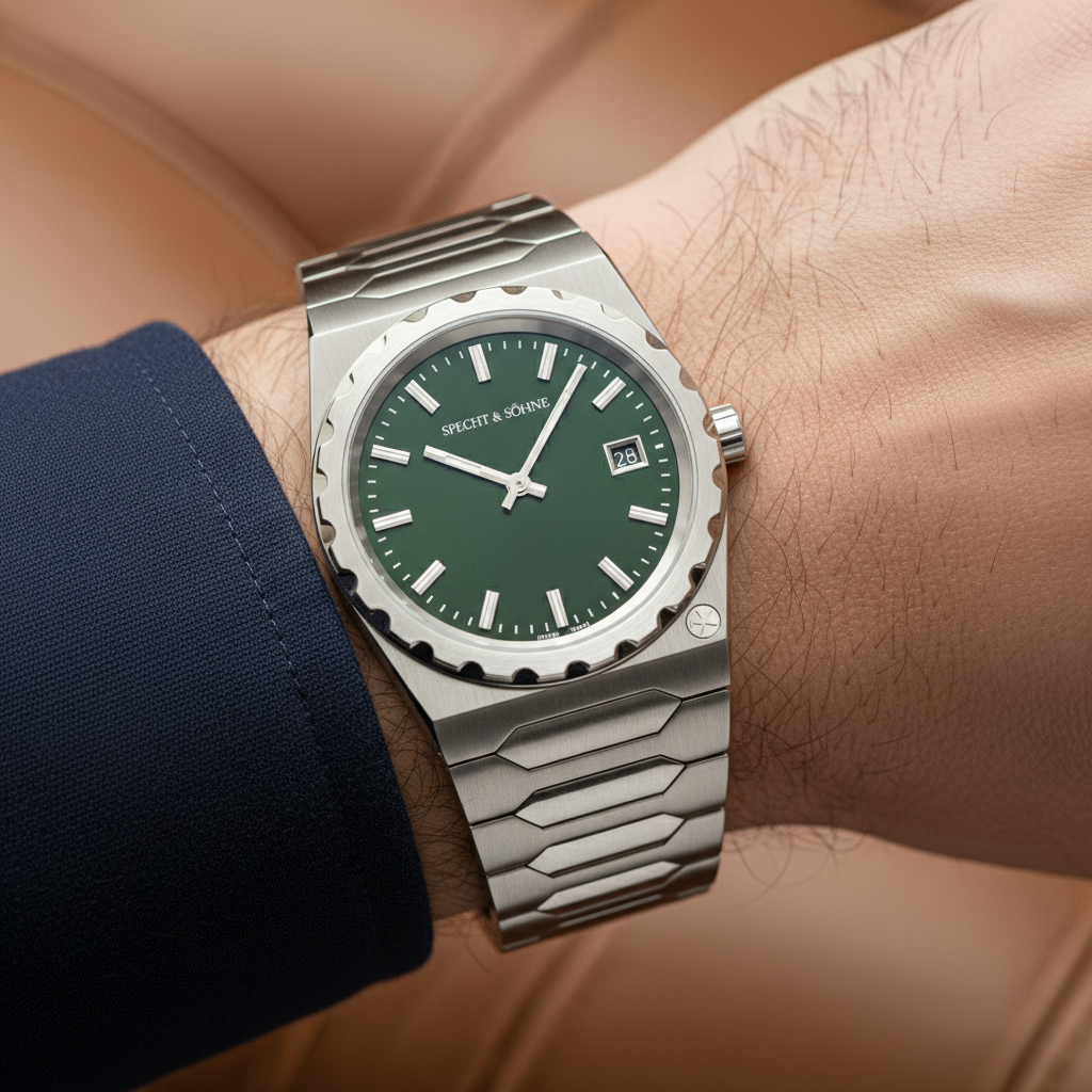 Specht & Söhne VC222 - Qu - On-wrist shot, green dial, brushed finish