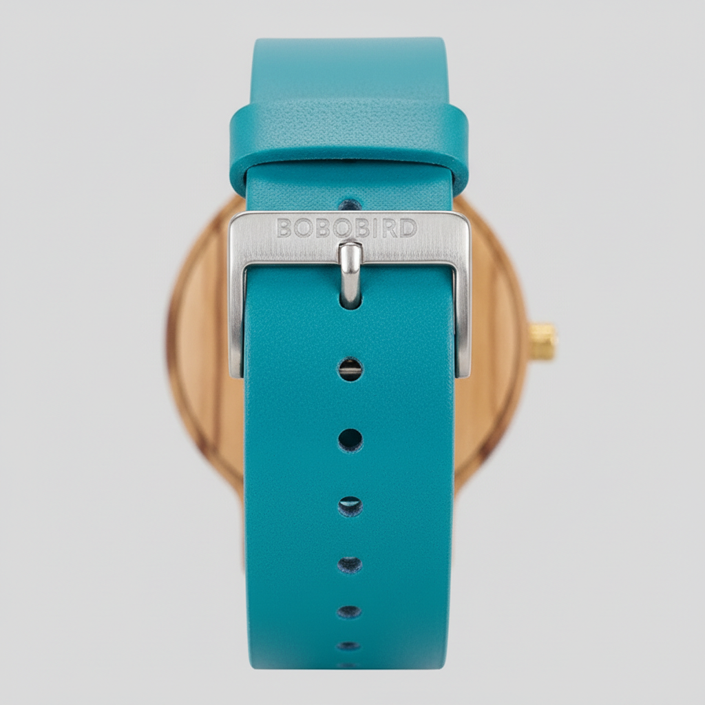 Teal watch with gold case and Bobo Bird branding on a light gray background