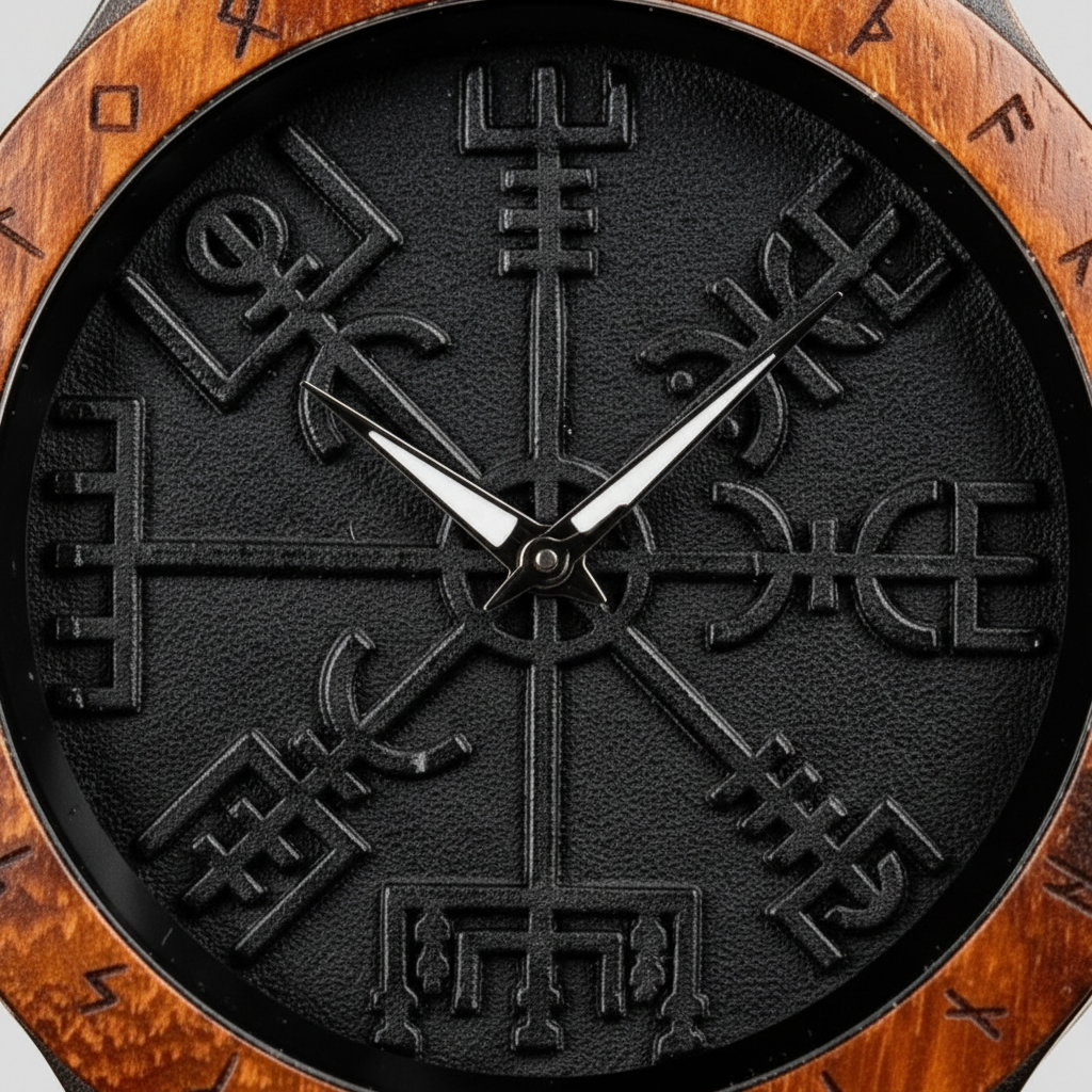 Watch face with a black symbol design on a wooden case